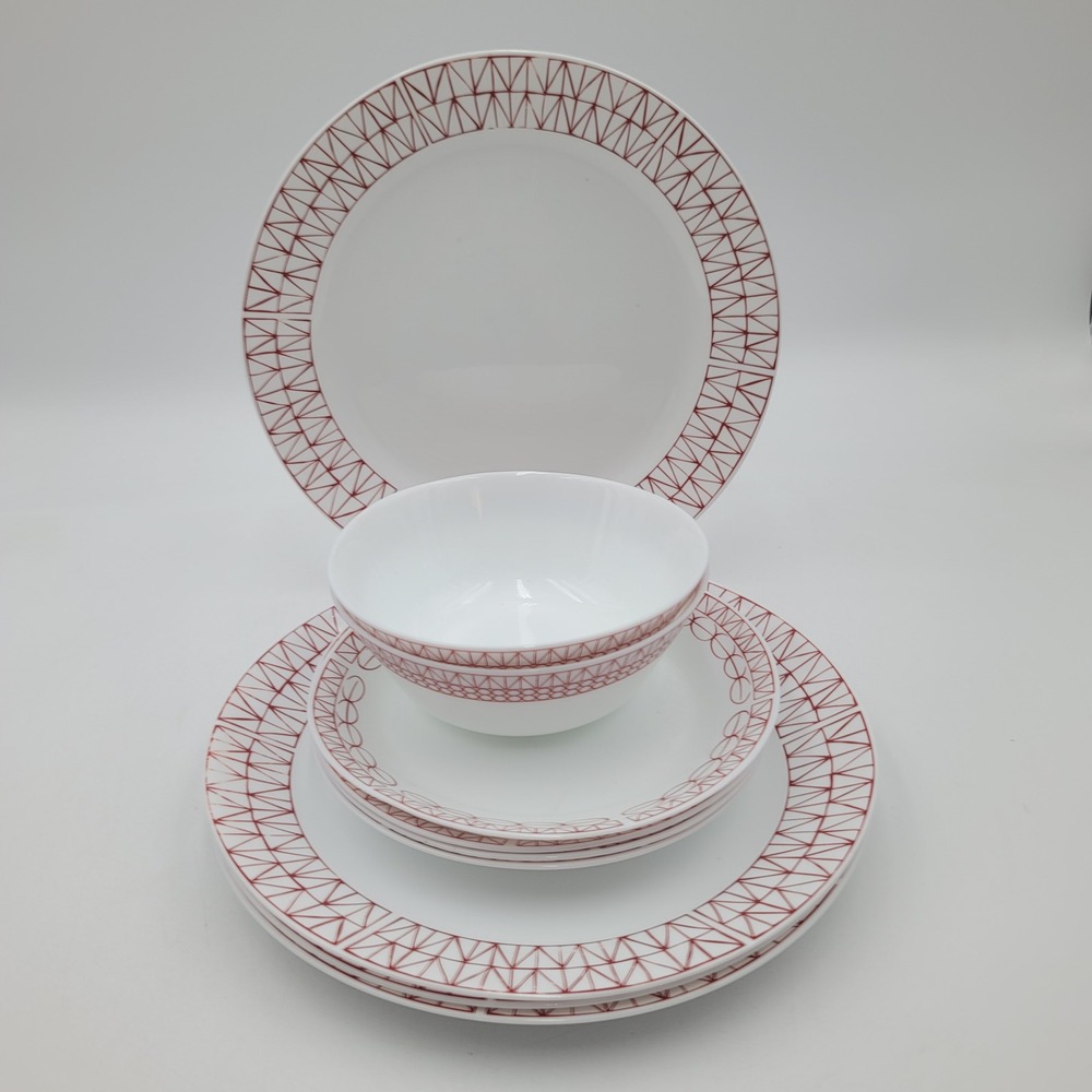 10 pc Corelle Everyday Crimson Trellis Dinnerware Set Red White Tempered Glass